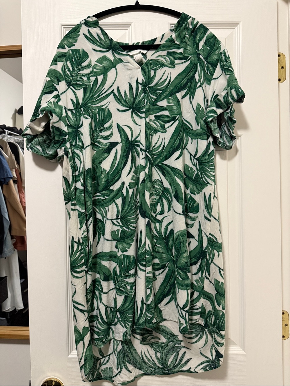 H&M White Mini Dress with Green Tropical Leaf Print
